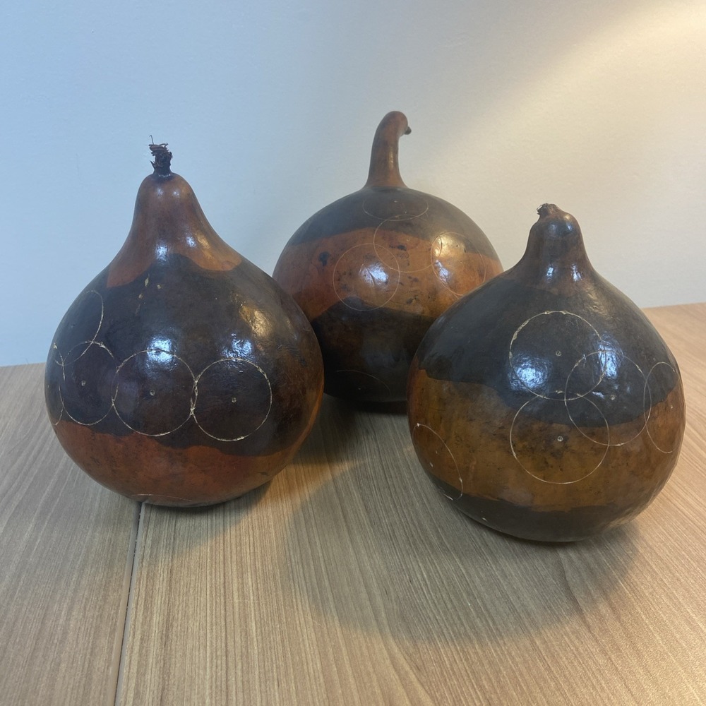 Pier 1 Imports Lot Of 3 Calabash Dried Gourds Wood Carved Kenya Fall Decorative